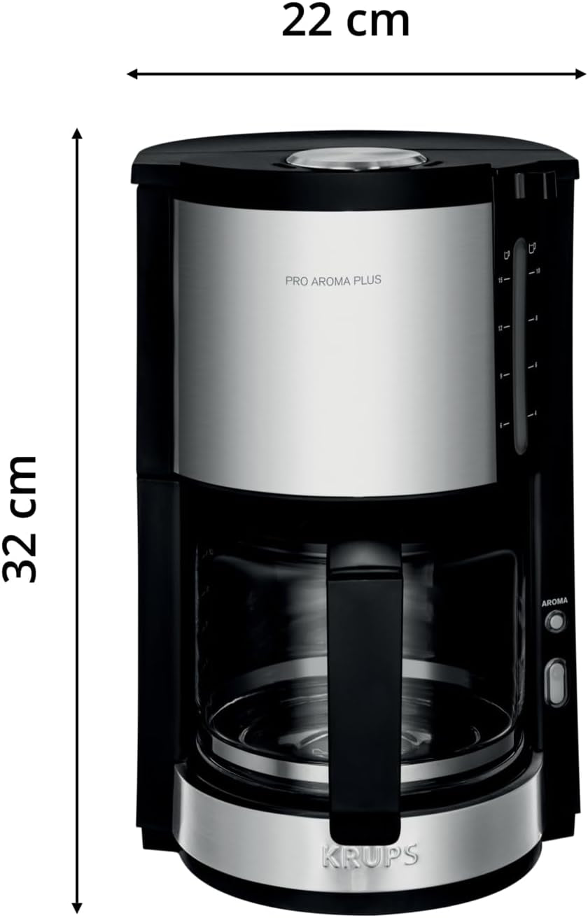 Krups KM3210 Pro Aroma Plus Cafetera espresso, 10 tazas, 1,25 L, Mantiene caliente 30 minutos, Ventana visible de nivel de agua, Sistema antigoteo, Negra con aplicaciones de acero inoxidable