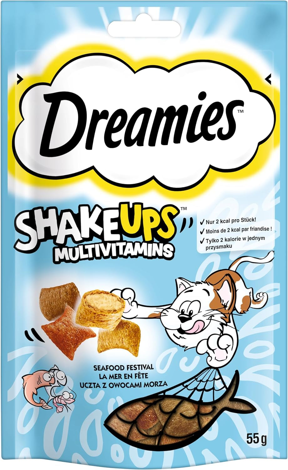 DREAMIES SHAKE UPS Golosinas multivitamínicas para gatos Seafood Festival en sobres en porciones - 55 g (6 sobres)