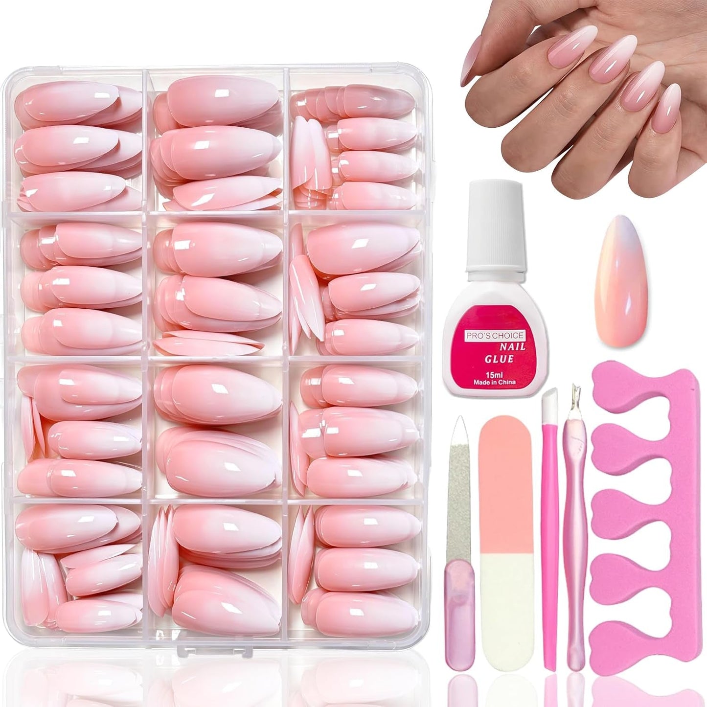 Kit de 360 ​​Piezas de Uñas Postizas - Uñas Postizas Degradadas Cortas, Color Rosa Desnudo y Blanco - Pegamento Cuadrado en Uñas Postizas - Uñas Autoadhesivas Brillantes de Cobertura Completa para Mujeres y Niñas (Cuadrado)