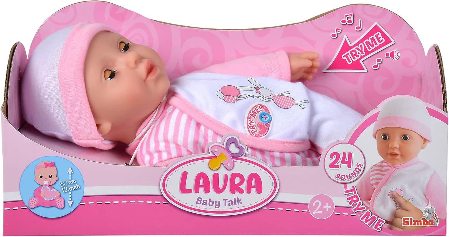 Simba 105140020 - My Love Baby Talk, muñeco de cuerpo blandito con ojos soñolientos y un bonito mono, hace 24 sonidos de bebé, 30 cm, muñeco para niños a partir de 2 años