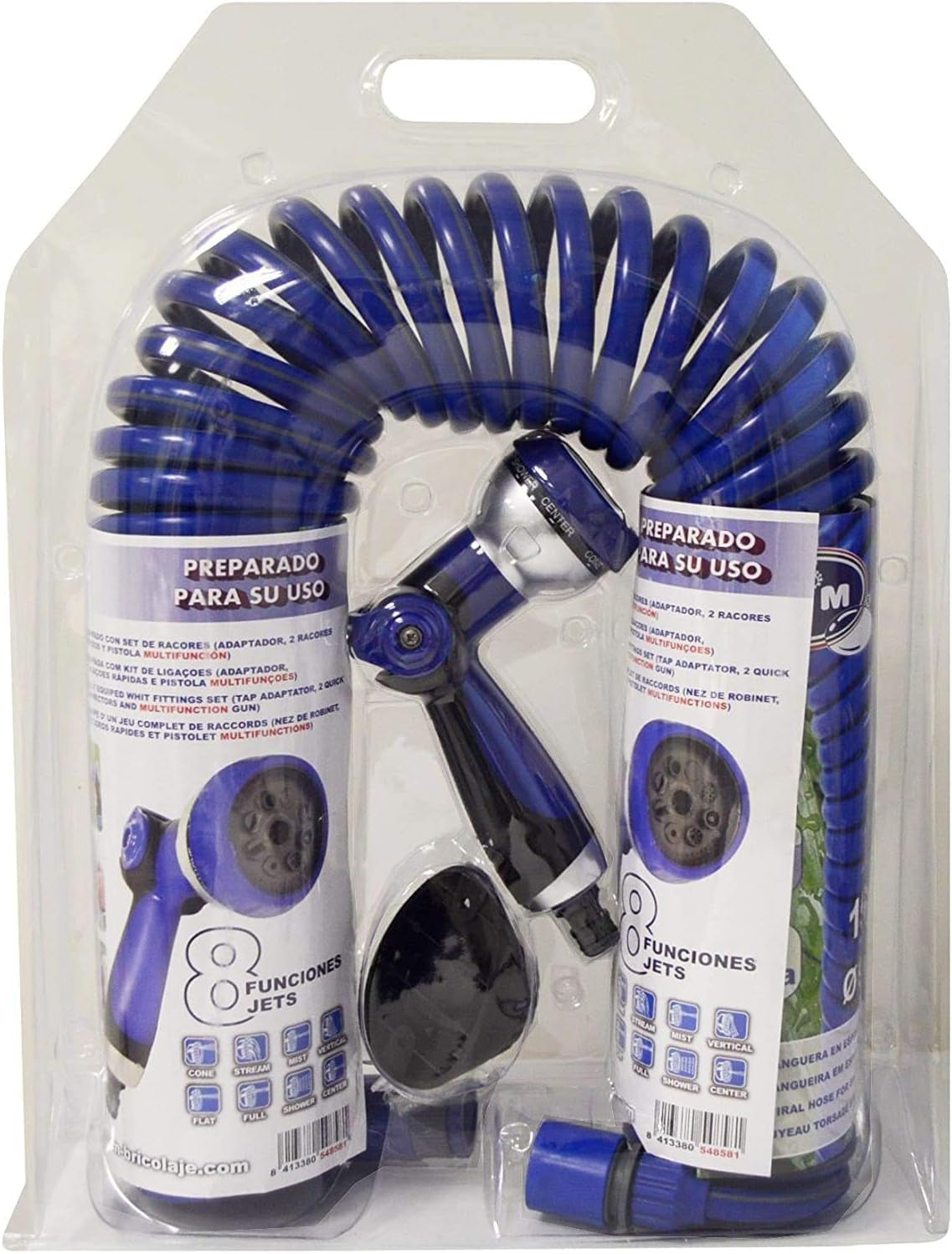 590078 – Juego de manguera en espiral, azul, 15 metros (diámetro 9 mm) + pistola multifuncional con 8 boquillas + rosca interior automática con adaptador ¾-½ + 2 conectores rápidos + soporte para colgar