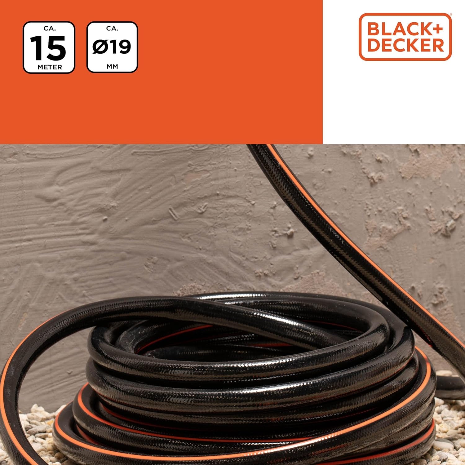 Manguera de Jardín BLACK+DECKER 15 metros - Ø19MM - PVC duradero - Regar el jardín, lavar el coche, llenar la piscina - Compatible con cualquier grifo estándar - Negro/Naranja