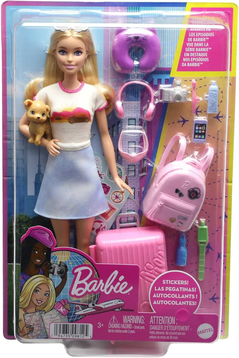 Muñeca Barbie, Barbie de viaje con cabello rubio, más de 10 accesorios de viaje, pegatinas, maleta, cachorro, incluye 1 muñeca, regalo para niños, juguete para mayores de 3 años, HJY18