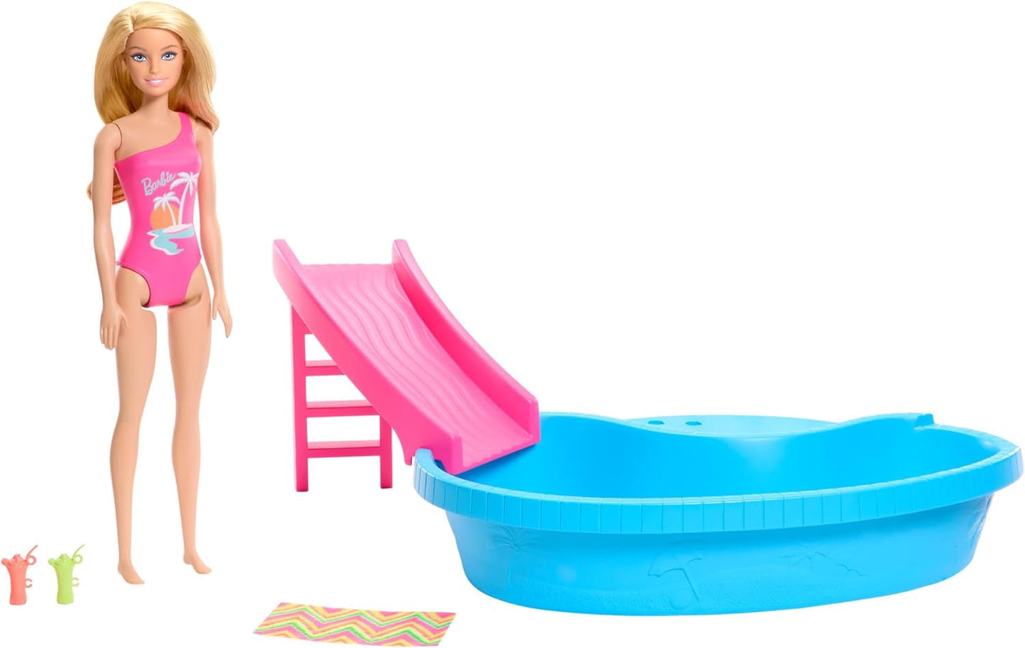 Muñeca Barbie y accesorios - piscina con tobogán y accesorios para horas de diversión bajo el sol, bañador rosa con diseño tropical, para niños a partir de 3 años, HRJ74