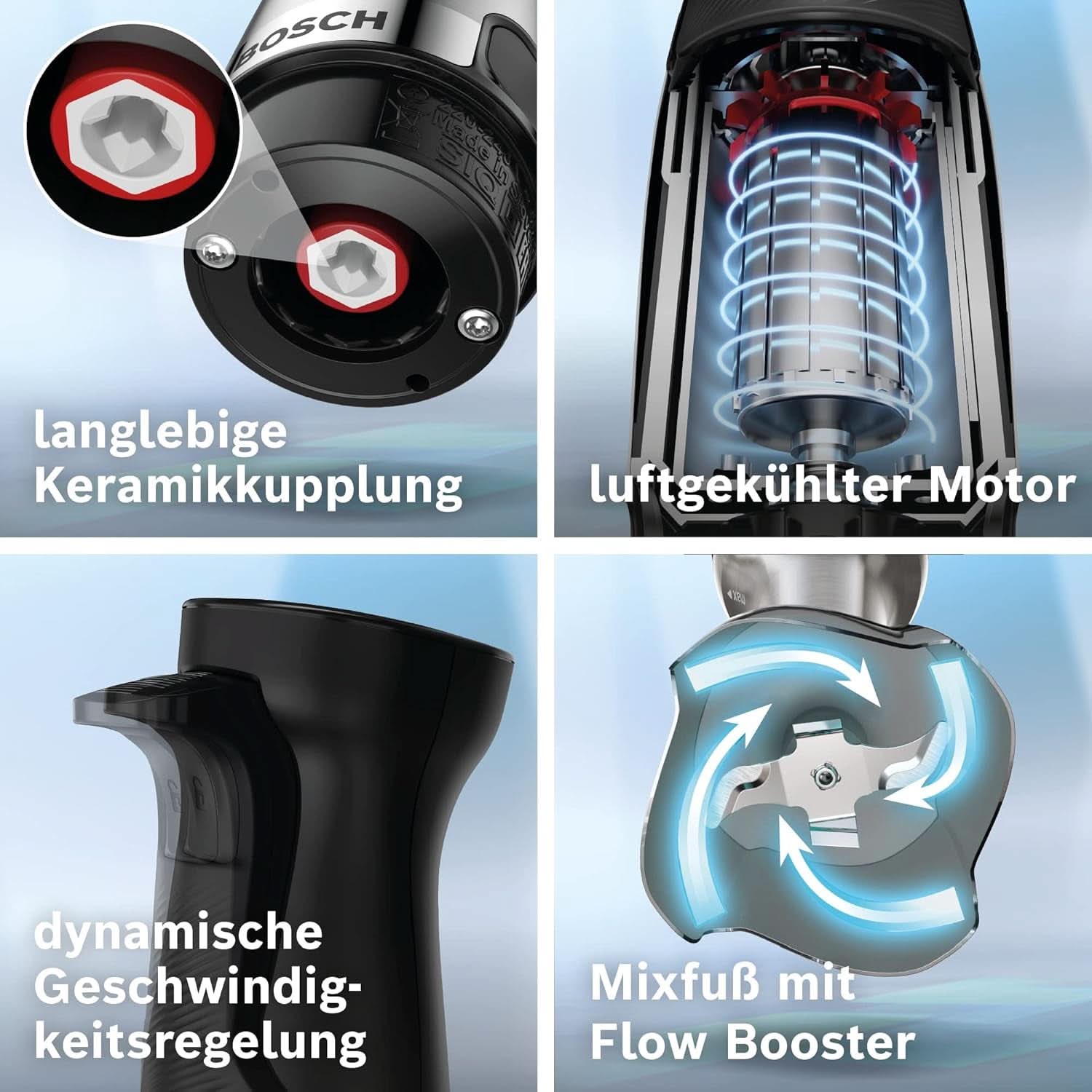 Bosch Stabmixer Ergomaster Serie 6 MSM6M673, 10 Jahre Motorgarantie, Edelstahl-Klingen, Verschleißfreie Keramik-Kupplung, Luftkühlung, Zerkleinerer, Kartoffelstampfer, Schneebesen, 1000 W Cocina Naty Shop
