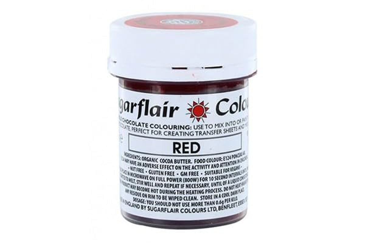Colorante alimentario Sugarflair Chocolate Colorante alimentario para chocolate rojo - Manteca de cacao orgánica coloreada, colorante de chocolate para colorear chocolate, bombones - 35g