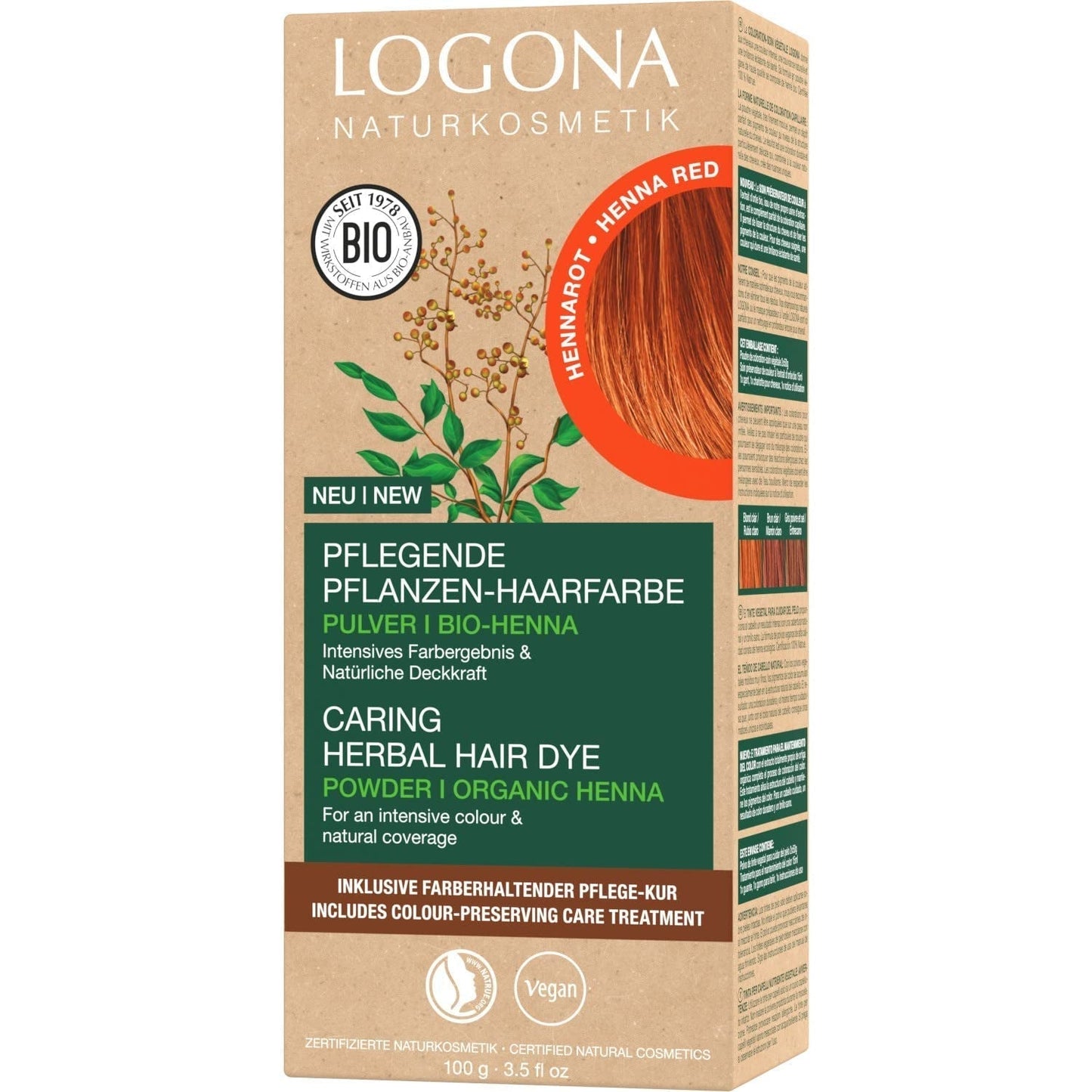 LOGONA Natural Cosmetics Tinte capilar nutritivo a base de hierbas, Henna orgánica en polvo, tinte vegano para un color y brillo intensos, tinte capilar a base de hierbas en rubio cobrizo (rubio), 1 x 100 g Naty Shop Tinte capilar de henna roja 100 g (1 paquete)