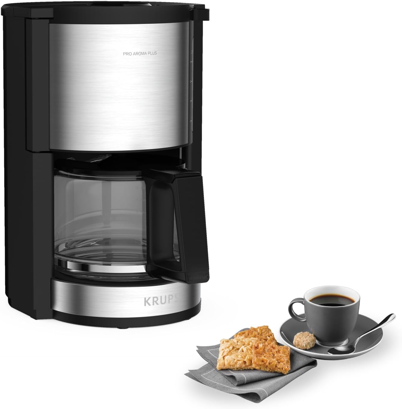 Krups KM3210 Pro Aroma Plus Cafetera espresso, 10 tazas, 1,25 L, Mantiene caliente 30 minutos, Ventana visible de nivel de agua, Sistema antigoteo, Negra con aplicaciones de acero inoxidable