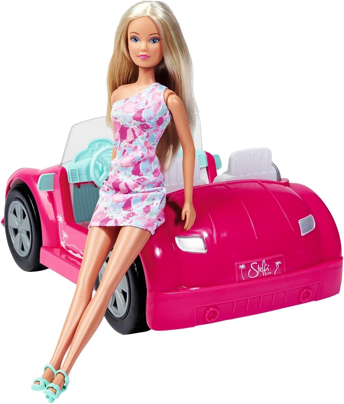 Simba Steffi Love Beach Car Doll con un fantástico traje de verano y cochecito de playa, 29 cm, a partir de 3 años