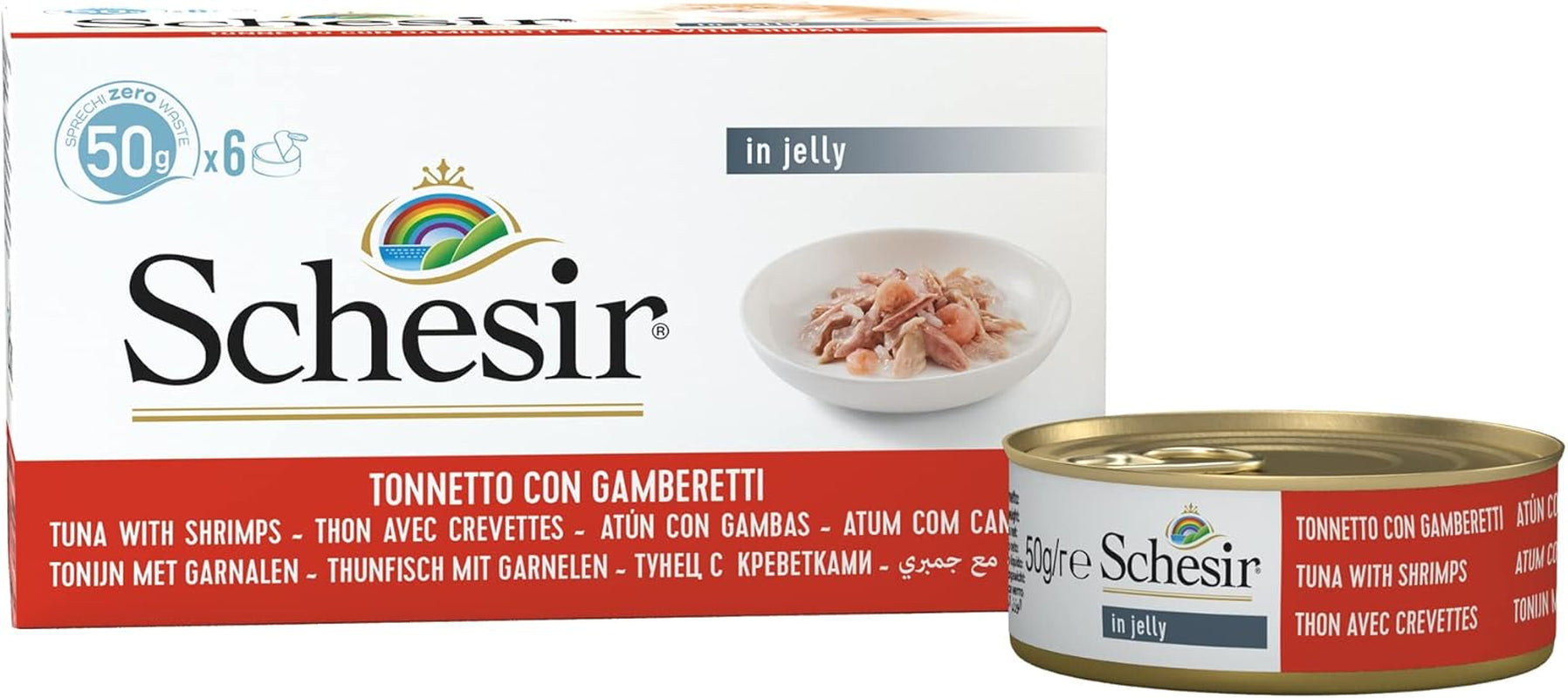 Gelatina de Atún y Camarones para Gatos, Comida Húmeda para Gatos en Gelatina, 8 x 6 Latas x 50g