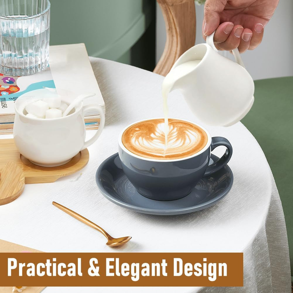Juego de leche y azúcar con tapa y cuchara, lechera de cerámica de 5 piezas y azucarero con tableta de madera, recipiente para leche y azúcar para cocina, café, microondas y lavavajillas (blanco)