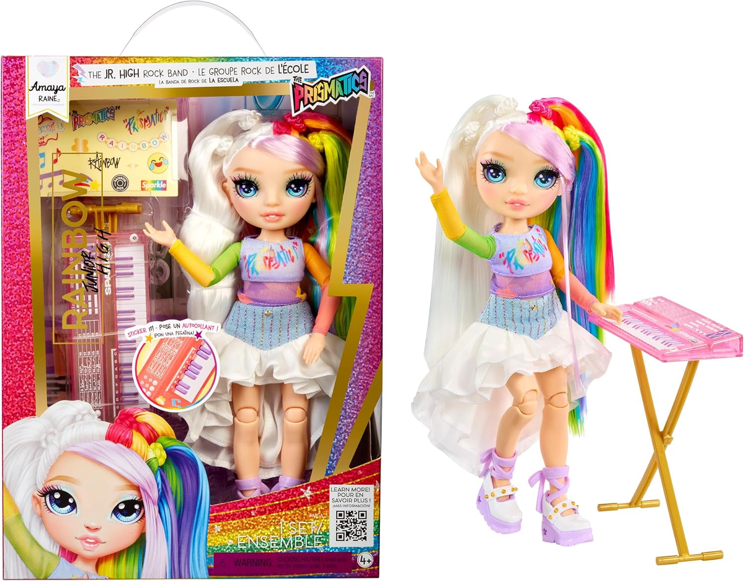 Rainbow High Junior High Rock Band - Amaya, Rainbow Colors - Muñeca de moda de 23 cm con teclado, personalizable con pegatinas, articulado, lindo juguete para niños a partir de 4 años