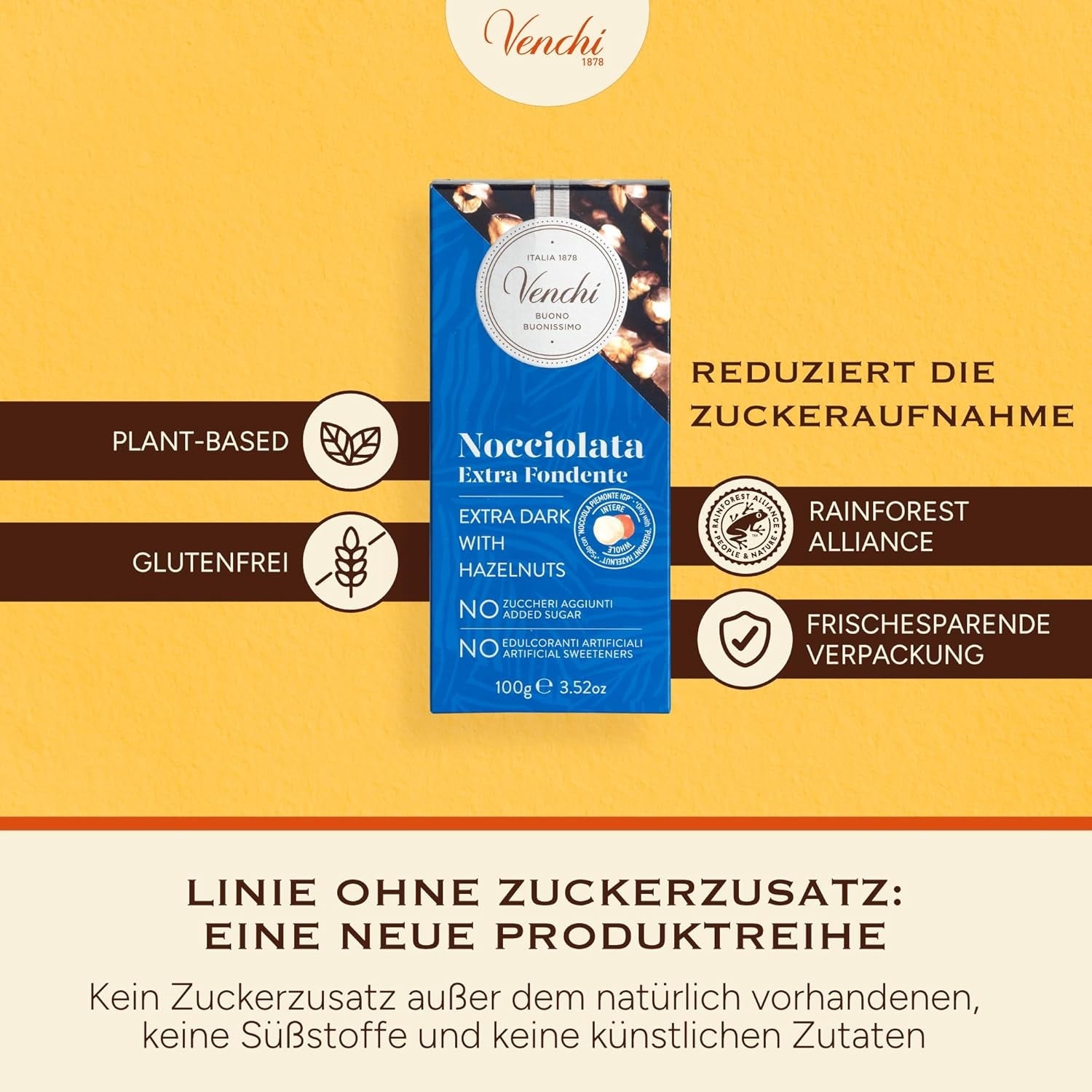 Venchi - Pack de 6 tabletas de chocolate negro con avellanas, 600g - Sin azúcares añadidos - Sin edulcorantes artificiales - Sin gluten - Vegano - Idea de regalo