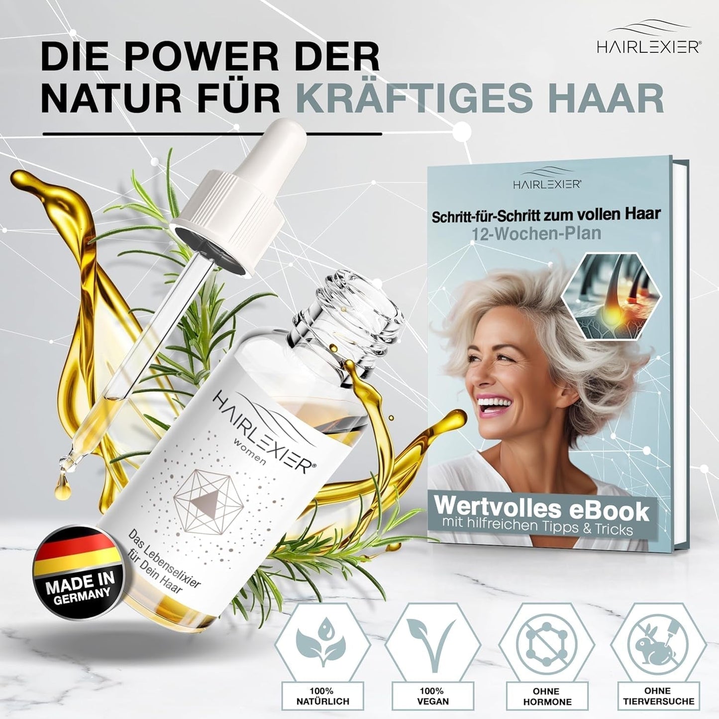 Hairlexier Remedio para el crecimiento del cabello para mujeres - Aceite capilar de romero, aceite capilar de ricino, aceite de lavanda, suero capilar natural contra la caída difusa del cabello, favorece el crecimiento del cabello, vegano y orgánico + Libro de trabajo Cuidado del cabello Naty Shop