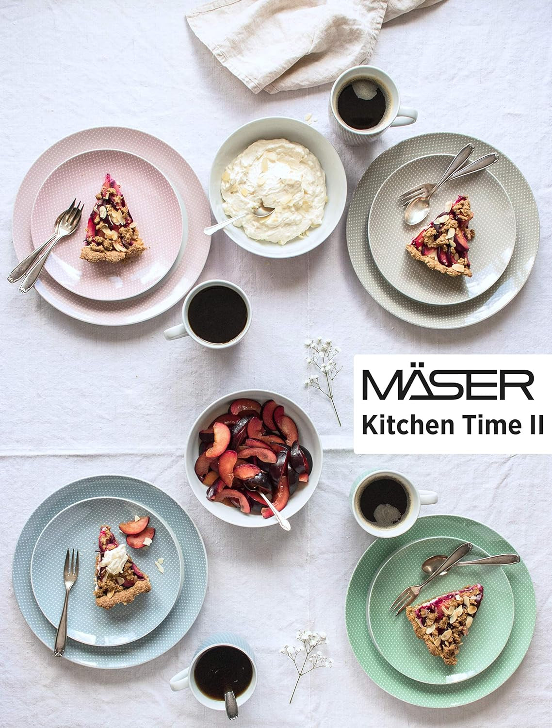 MÄSER Kitchen Time II, Juego de vajilla para 4, Servicio combinado con 16 piezas en colores pastel con estampado sutil, Porcelana, Rosa