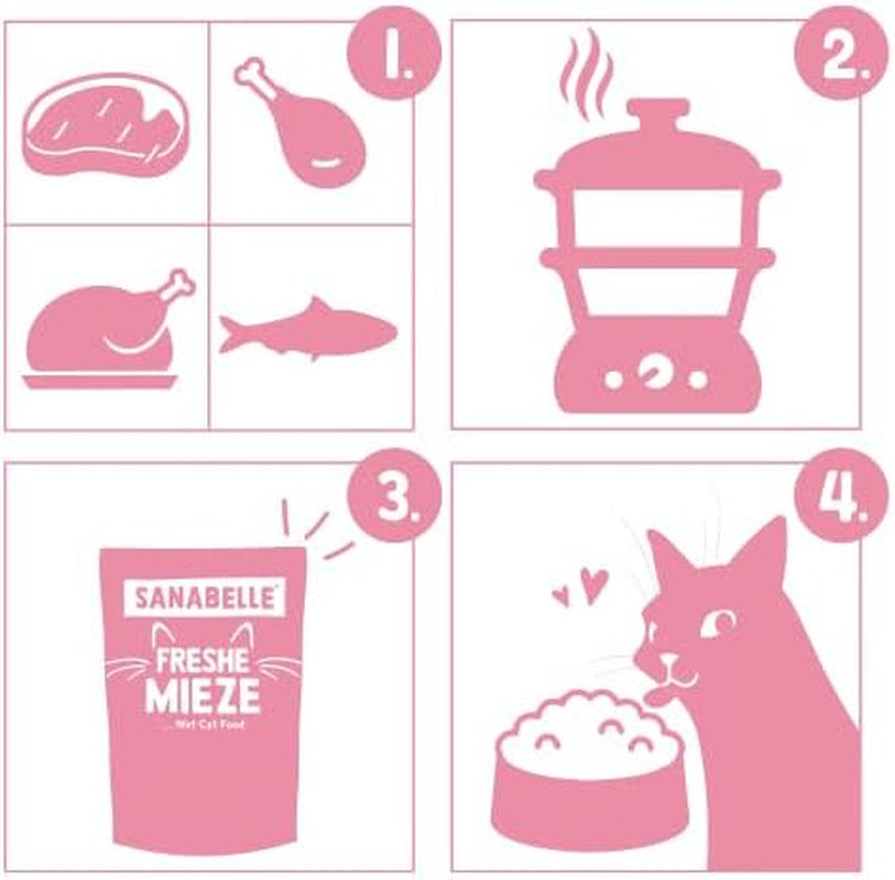 Sanabelle Freshe Mieze - Bandeja mixta | Paquete mixto de 10 x 100 g | 4 deliciosas variedades de comida para gatos para probar | Comida húmeda para gatos al vapor, como recién hecha