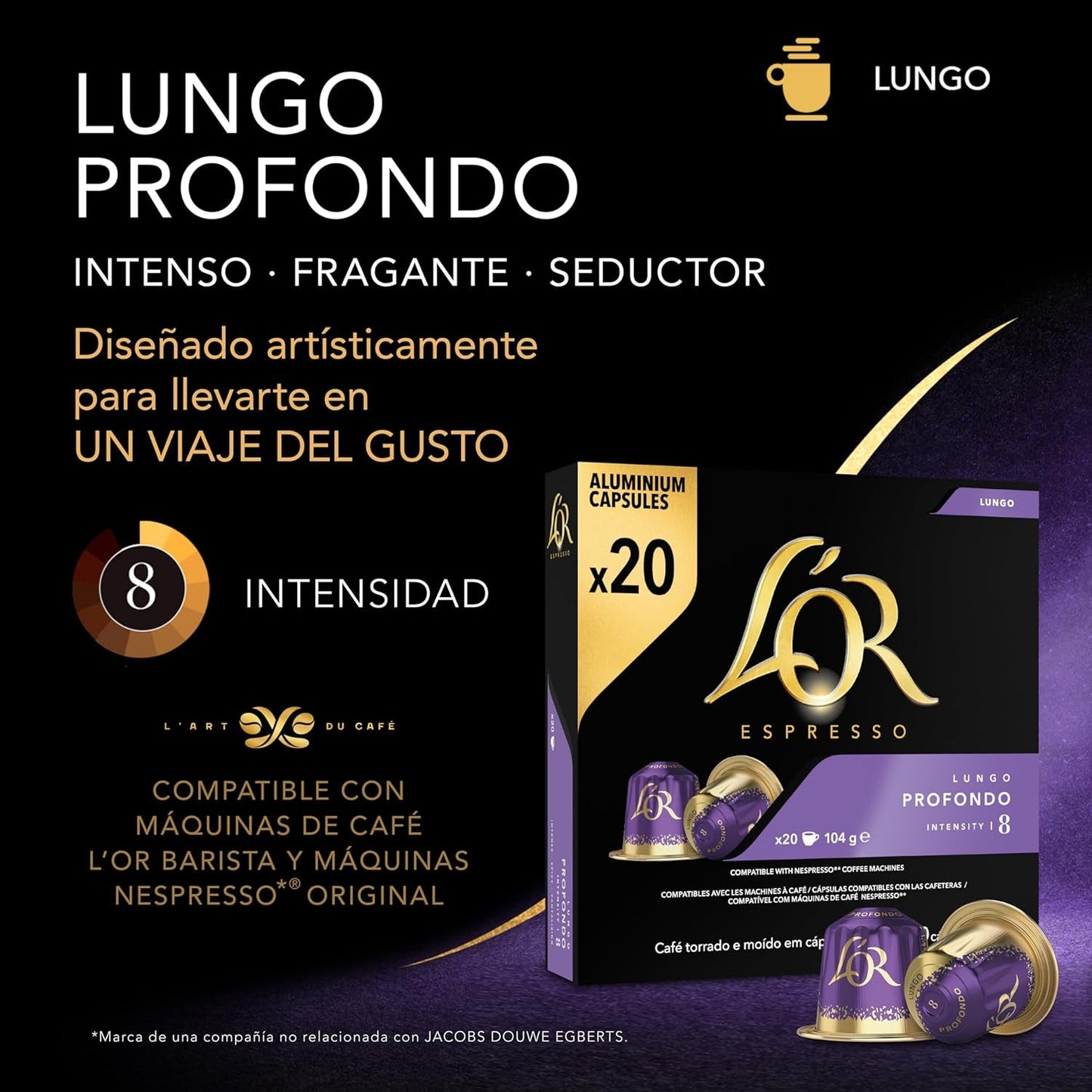 L'OR Espresso Koffiecups Lungo Profondo (200 cápsulas de Lungo Koffie, Gesicht voor Nespresso* Koffiemachines, Intensidad 08/12, 100% Arábica Koffie, UTZ Gecertificeerd), 10 x 20 tazas