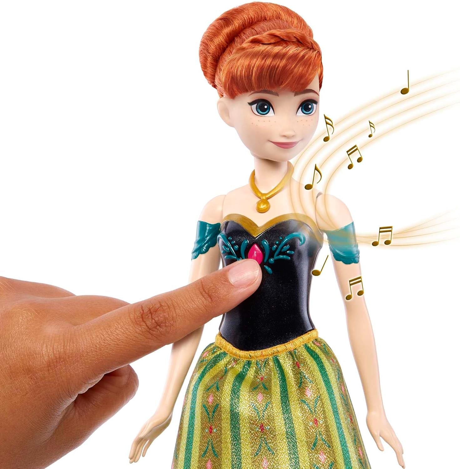 Mattel Disney Frozen Muñeca Anna cantante - Fragmento de canción de 30 segundos, traje clásico de castillo, falda suave desmontable, cabello peinable, para niños a partir de 3 años, versión alemana, HMG41