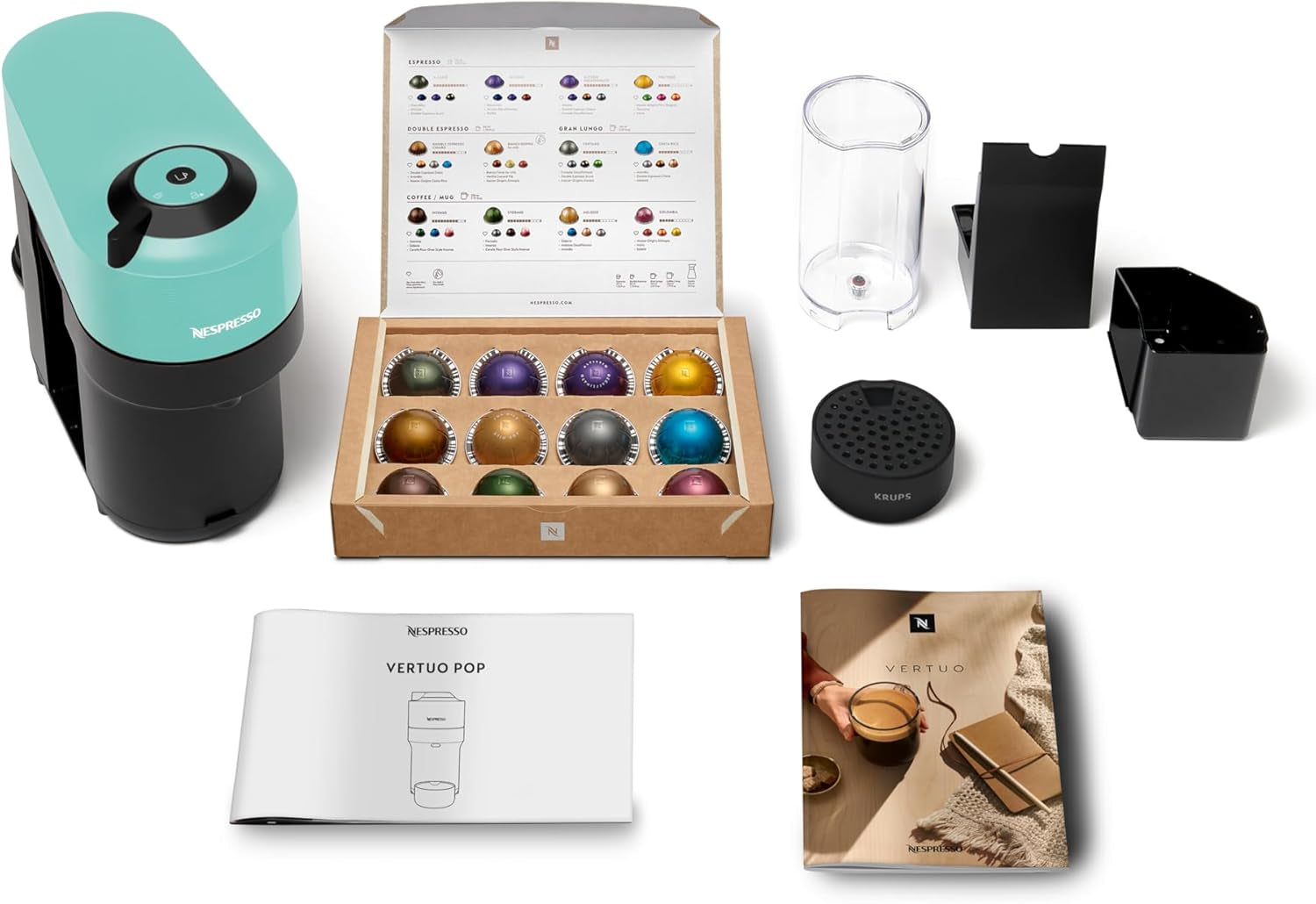 Cafetera espresso con cápsulas Nespresso Krups Vertuo Pop, capacidad: 560 ml, reconocimiento automático de cápsulas, sistema one-touch, 4 tamaños de taza, tiempo de calentamiento reducido, sostenible, Aqua Mint, XN9204