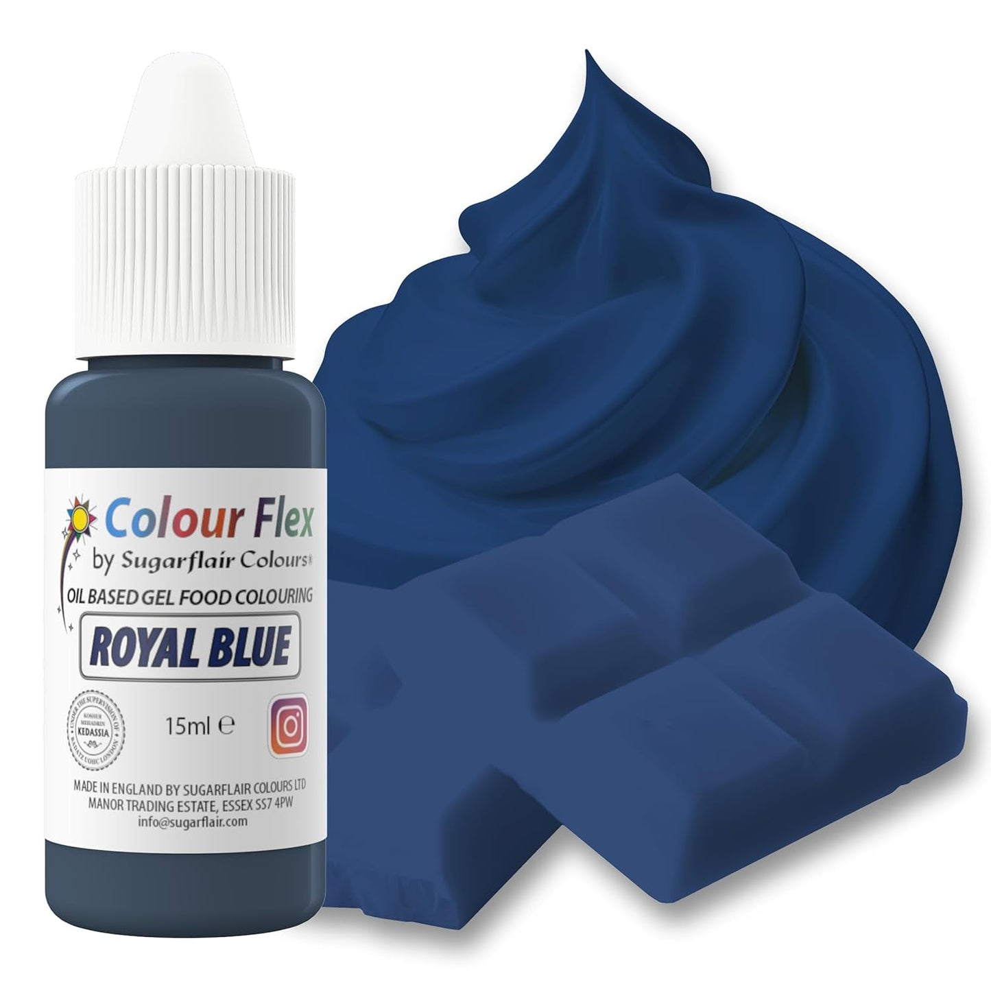 Sugarflair Colourflex Colorante alimentario a base de aceite, Azul real, Colorante alimentario líquido altamente concentrado, Colorante alimentario para crema de mantequilla, chocolate, masa, fondant, glaseado y más - 15 ml