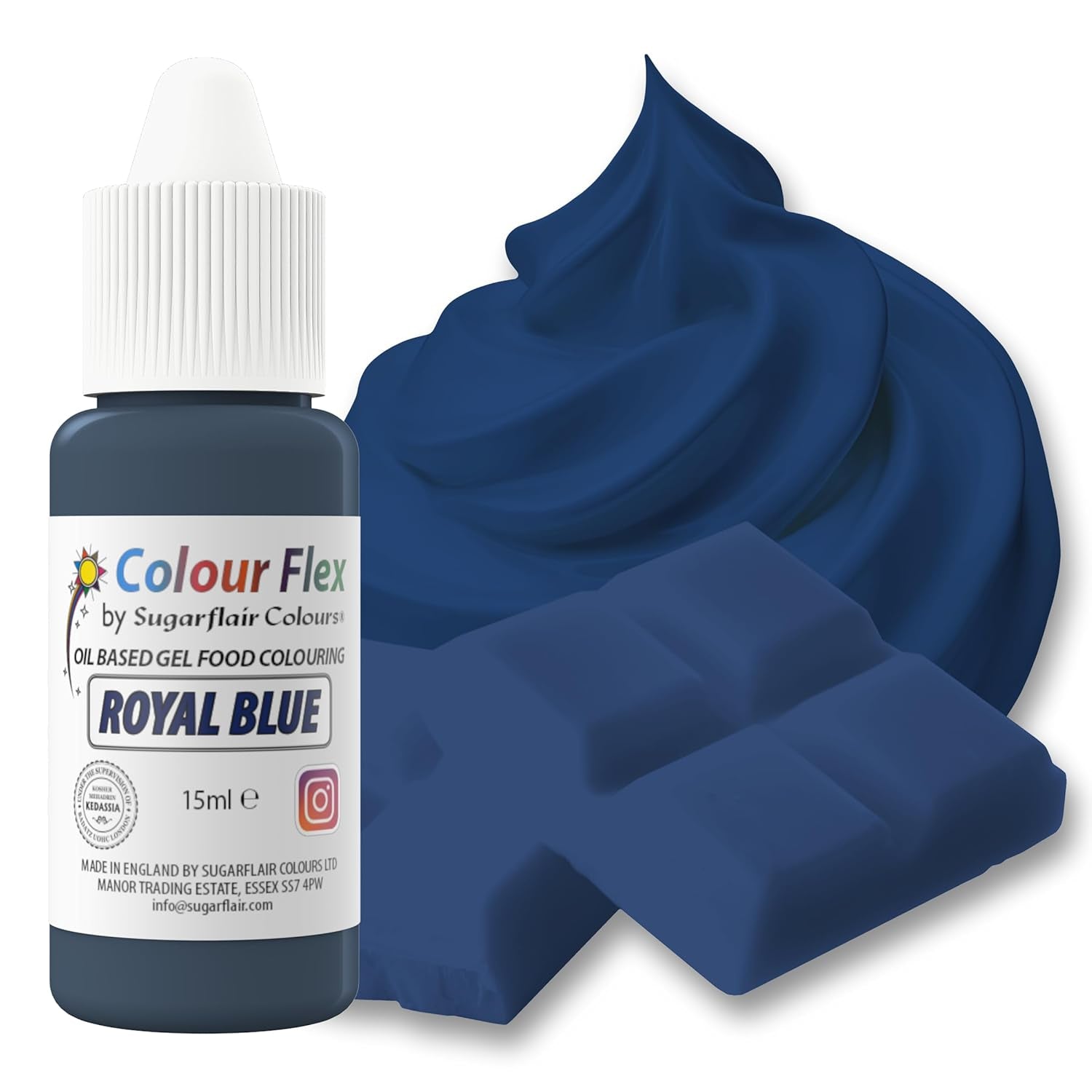 Sugarflair Colourflex Colorante alimentario a base de aceite, Azul real, Colorante alimentario líquido altamente concentrado, Colorante alimentario para crema de mantequilla, chocolate, masa, fondant, glaseado y más - 15 ml