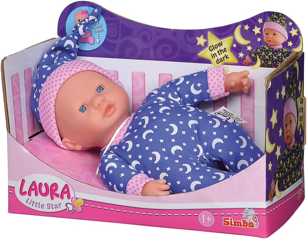Simba 105010010 - Muñeca Laura Little Star de cuerpo suave con dulce vestido y sombrero con lunas y estrellas brillantes Muñeca de 20 cm que brilla en la oscuridad a partir de 12 meses Muñecas azules Naty Shop