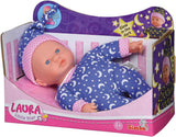 Simba 105010010 - Muñeca Laura Little Star de cuerpo suave con dulce vestido y sombrero con lunas y estrellas brillantes Muñeca de 20 cm que brilla en la oscuridad a partir de 12 meses Muñecas azules Naty Shop