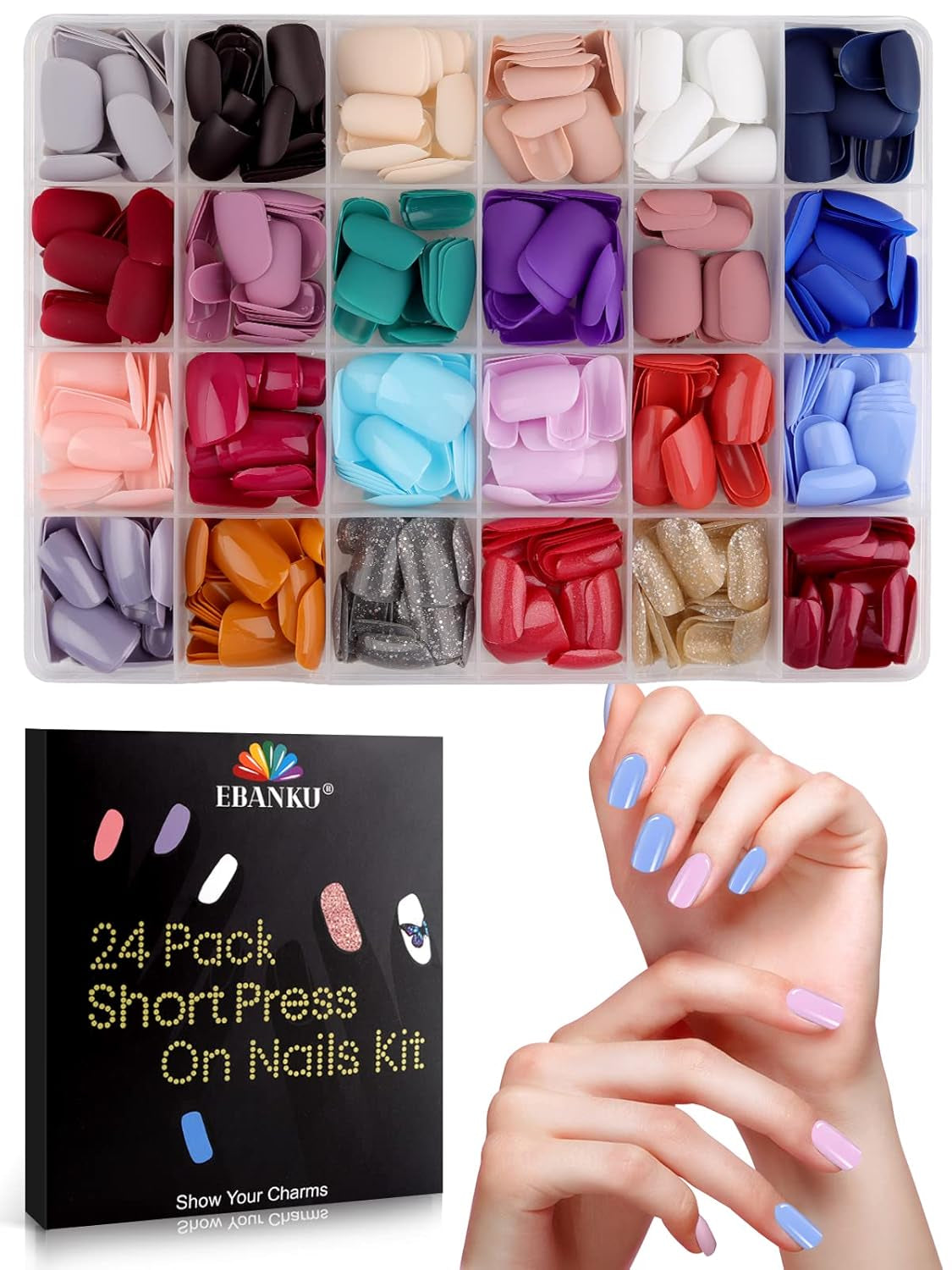 EBANKU 576 uñas cortas con pegamento para uñas, 12 colores de uñas artificiales cortas mate, 8 uñas artificiales cortas brillantes, 4 uñas artificiales con purpurina