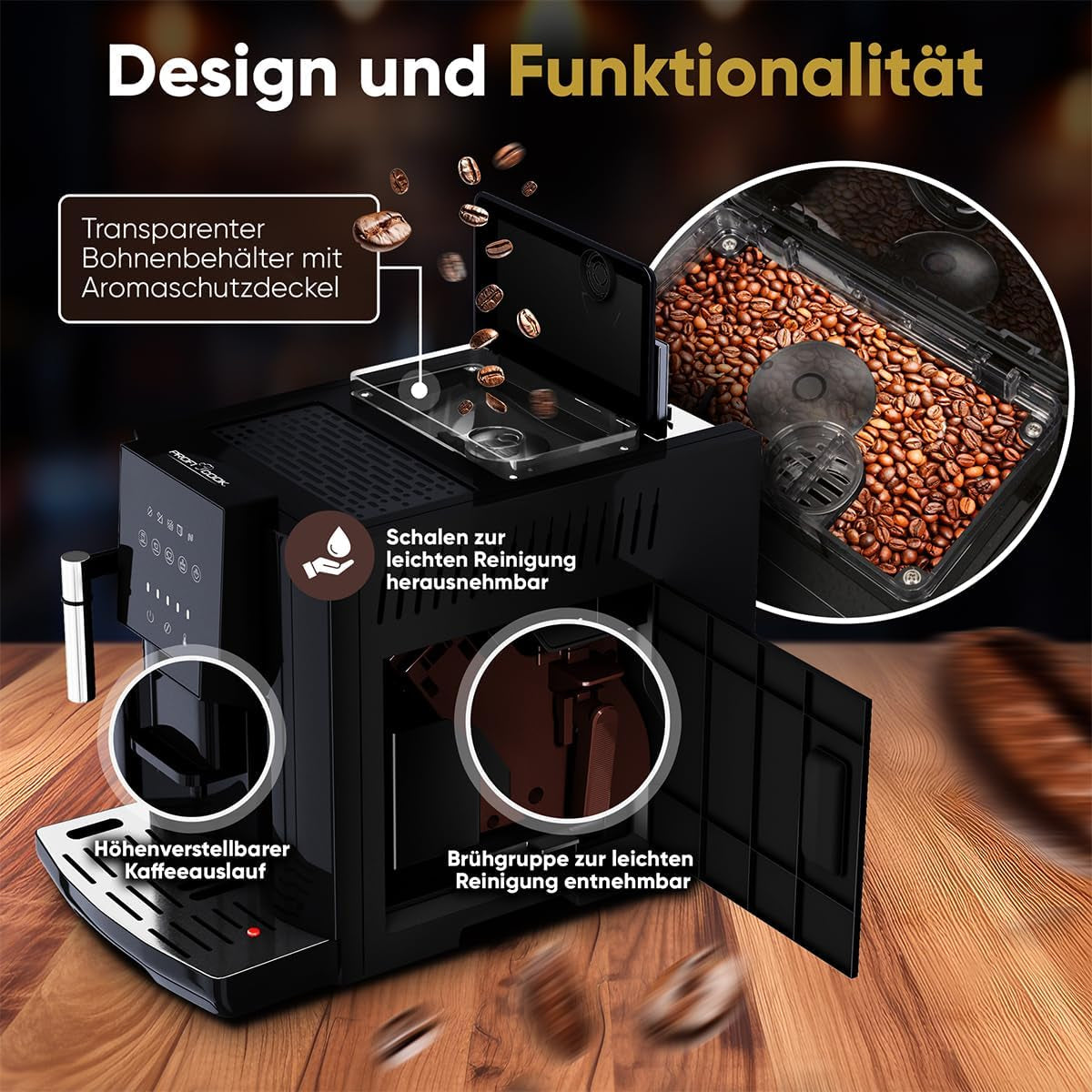 Cafetera espresso ProfiCook® totalmente automática con espumador de leche para capuchino | Molinillo cónico | con función de calentamiento de tazas | Bomba profesional italiana | Pantalla táctil | Café expreso | PC KAV 1281