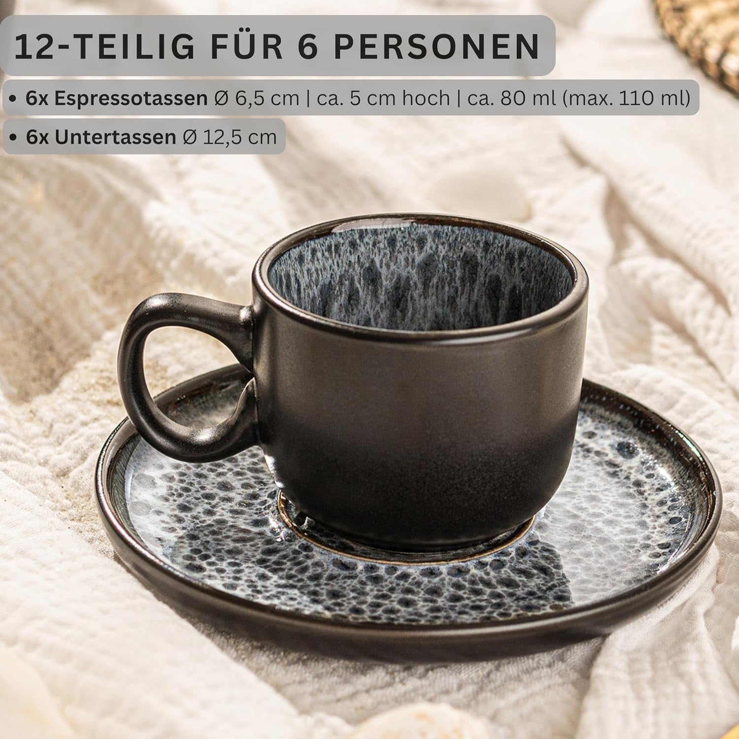 SANGER Sídney | Juego de 12 tazas de café expreso de cerámica, juego de tazas de moca para 6, tazas y platillos, apto para lavavajillas y microondas, gris oscuro, 80 ml | LA COLECCIÓN DE VALOR