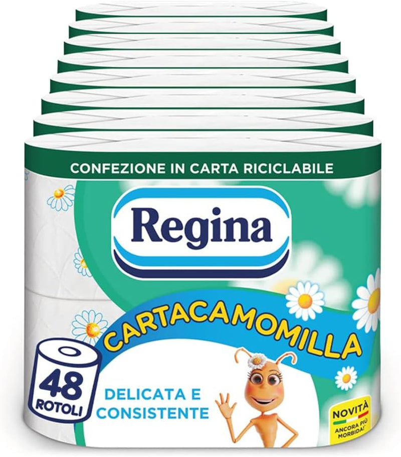 Regina Cartacamomilla - 8 Rollos de Papel Higiénico, 300 Hojas Esponjosas, 3 Capas, Suave y Firme, Envase de Papel Reciclable