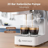 AMZCHEF Cafetera Espresso 20 Bar, Pantalla LED, Espumador de Leche Profesional y Lanza de Vapor de Acero Inoxidable, Tanque Extraíble de 1,5 L, Calentamiento Rápido 1350W, Blanca
