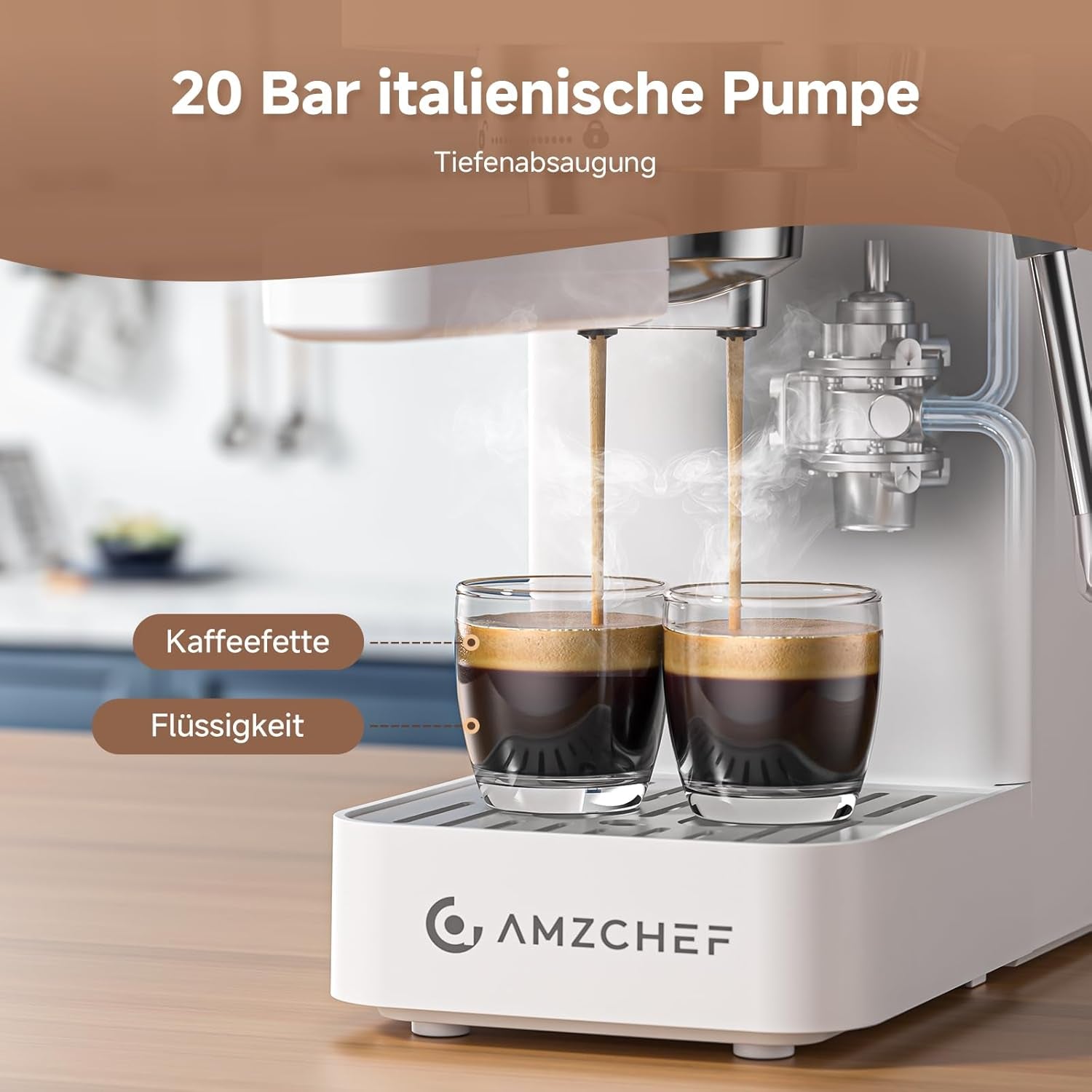 AMZCHEF Cafetera Espresso 20 Bar, Pantalla LED, Espumador de Leche Profesional y Lanza de Vapor de Acero Inoxidable, Tanque Extraíble de 1,5 L, Calentamiento Rápido 1350W, Blanca