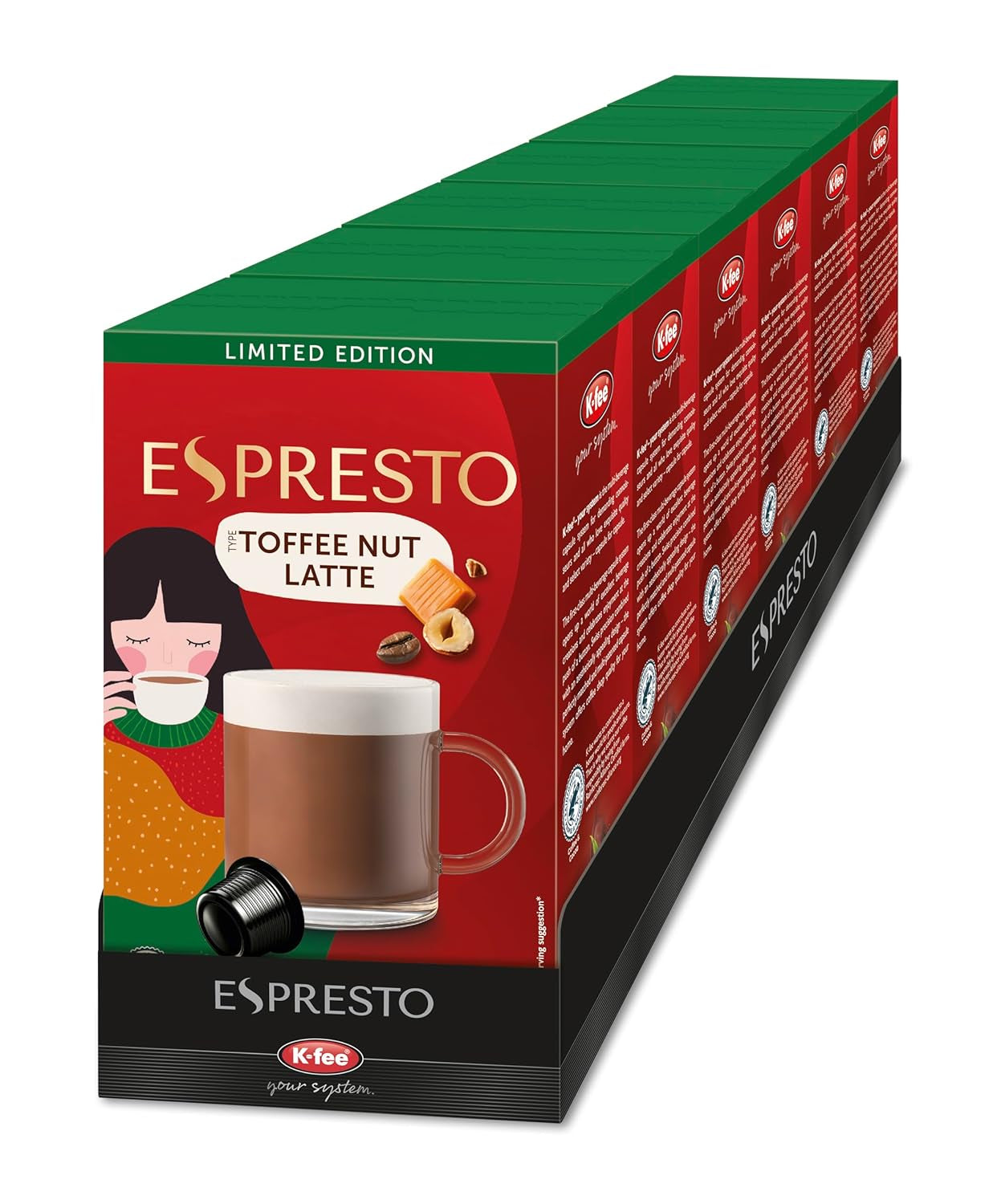 ESPRESTO Toffee Nut Latte, compatible con K-fee y ALDI EXPRESSI*, café con leche aromatizado, certificado RFA, 96 cápsulas