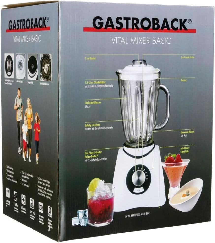 Gastroback 40898 Vital Basic, con función integrada de trituración de hielo, batidora de motor Leistungsstarker de 600 vatios, Kunststoff, 1,5 litros, Weiß Kitchen Naty Shop