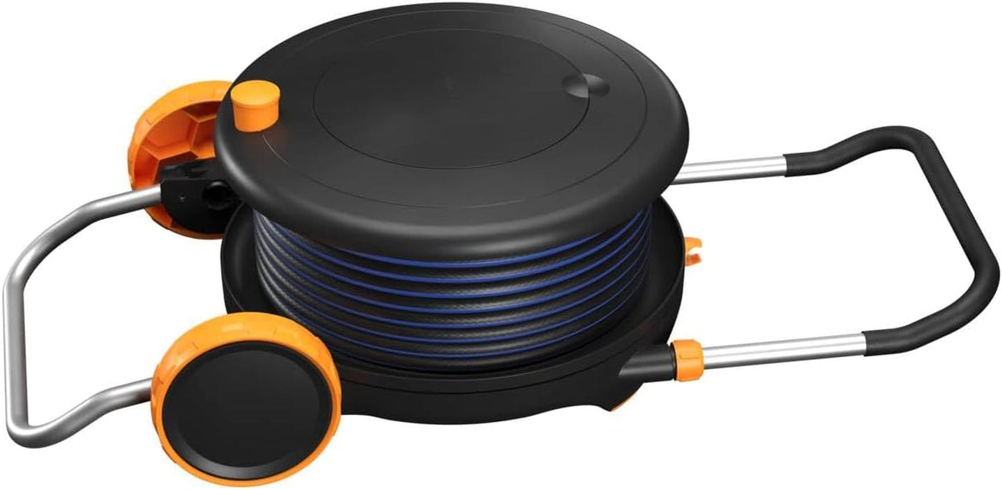 Rueda hidráulica Fiskars Comfort L con ruedas, juego de riego todo incluido, alcance total de 31,5 m, enrollado automático, manguera de jardín universal (Ø 13 mm), conexión universal para grifo, 1071670