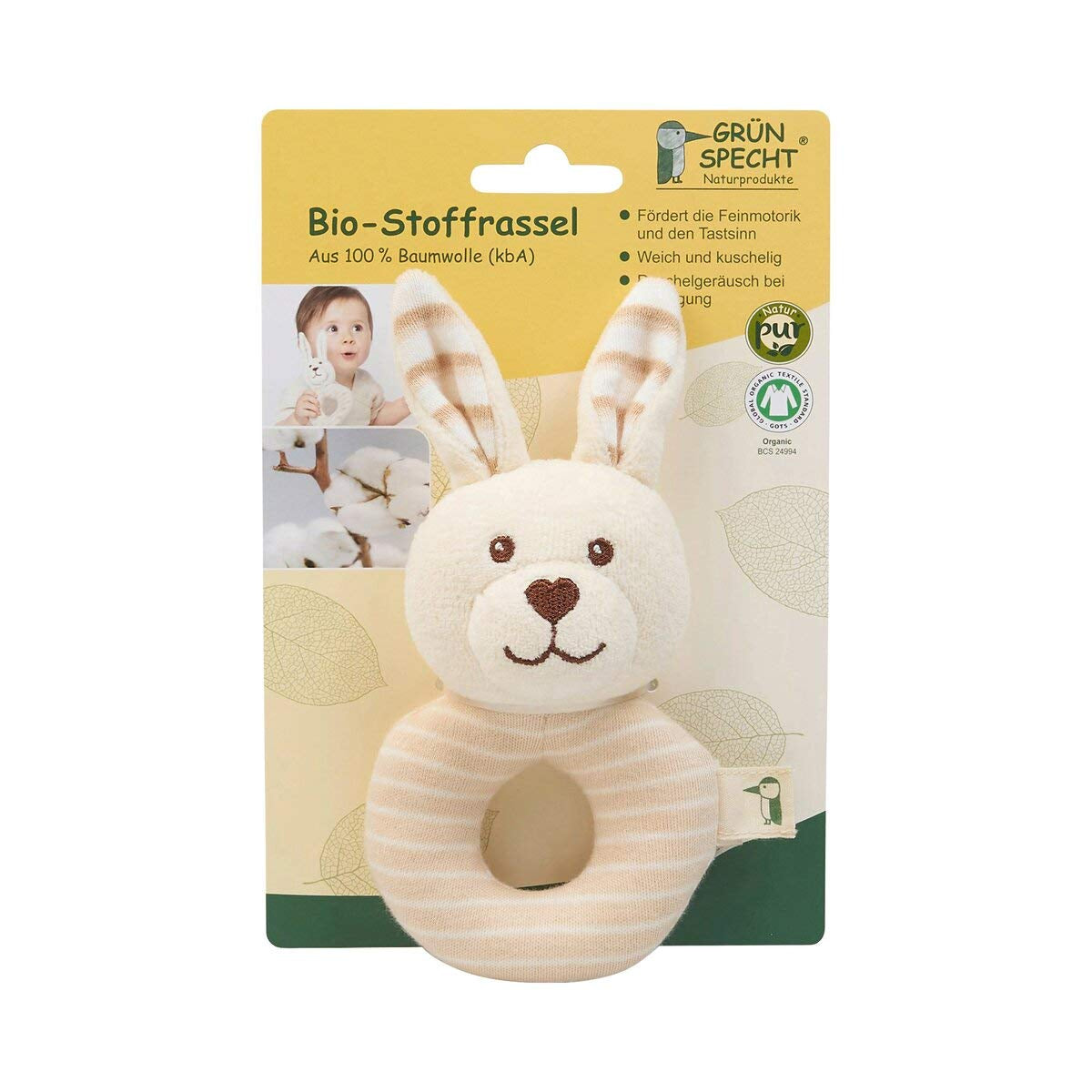 GRÜNSPECHT tela orgánica 100% algodón orgánico, juguete bebe, peluche suave, regalo cumpleaños, bautizo, baby shower, GOTS, beige (619-00) Bebe Toys Naty Shop