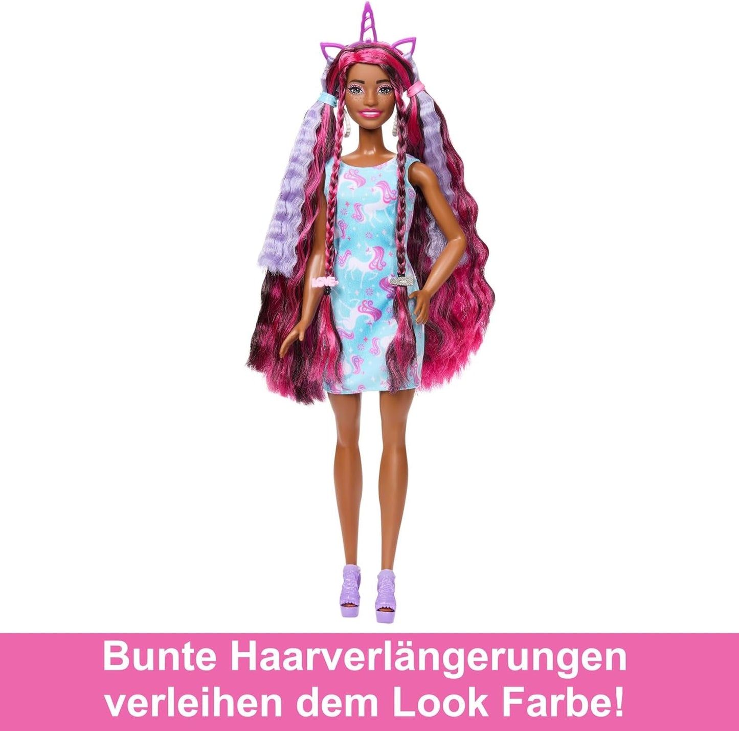 Muñeca Barbie con cabello divertido y elegante, cabello negro colorido extralargo y vestido rosa brillante, 10 peinados y accesorios de moda JDC86