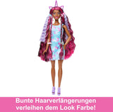 Muñeca Barbie con cabello divertido y elegante, cabello negro colorido extralargo y vestido rosa brillante, 10 peinados y accesorios de moda JDC86