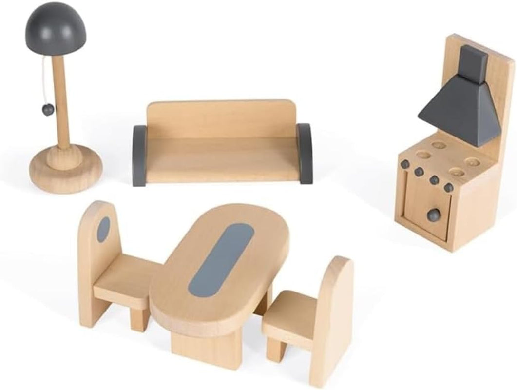Janod Mademoiselle Casa de muñecas de madera de 3 pisos con 11 accesorios, réplica de juguete, desarrolla la imaginación, a partir de 3 años, J06581
