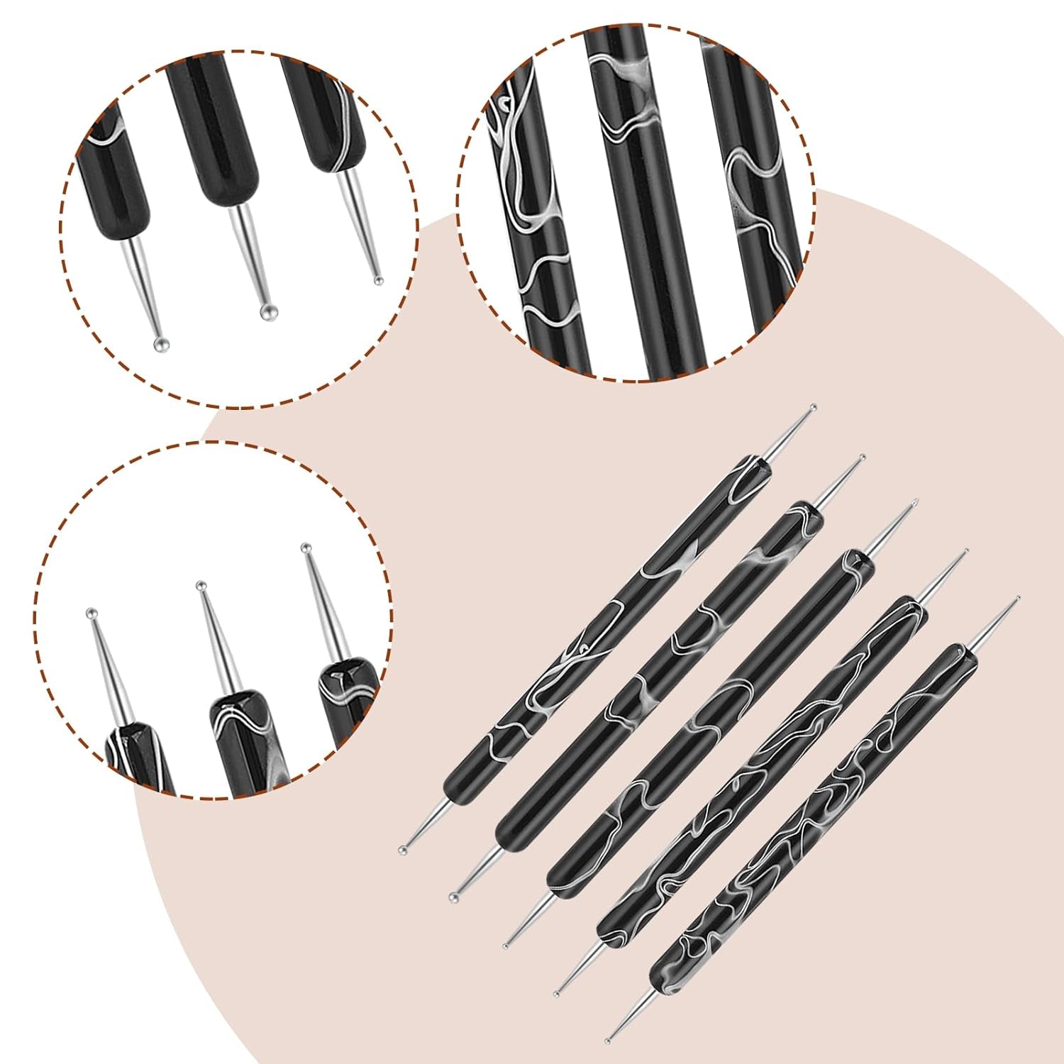 5 piezas Nail Design Dotting Tools Nagelkunst Werkzeug Nagelpunkt Pinsel Punktierung Stift Marbleizing Werkzeug Für Nagelack Maniküre, Schwarz