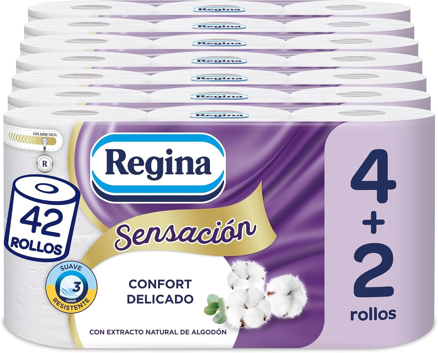 Regina Feeling - 42 rollos de papel higiénico, 175 hojas de tres capas, extracto de algodón natural y delicada fragancia, envases de plástico 60% reciclado, papel 100% certificado Fsc