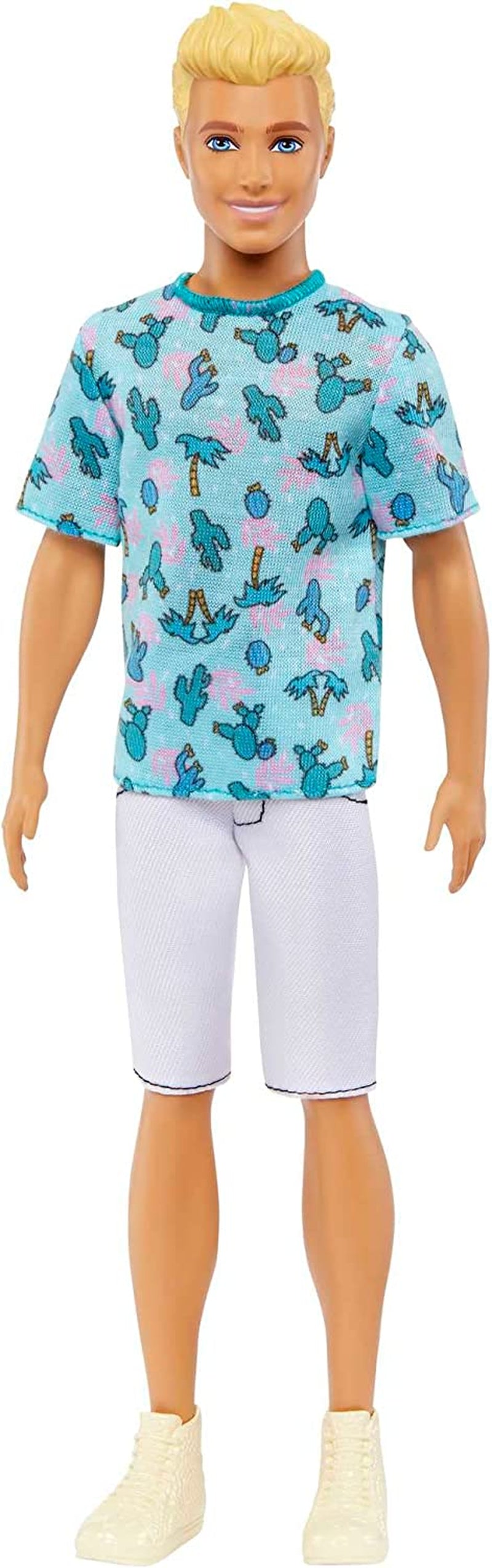 Muñeca Barbie Ken Fashionistas - Camiseta Estampado Cactus y Palmeras, Shorts y Zapatillas Blancas, Perfecta para Aventuras con Amigos y Paseos por la Ciudad, Para Niños de 3 Años en Adelante, HJT10 Naty Shop Dolls Camisa Ken Azul