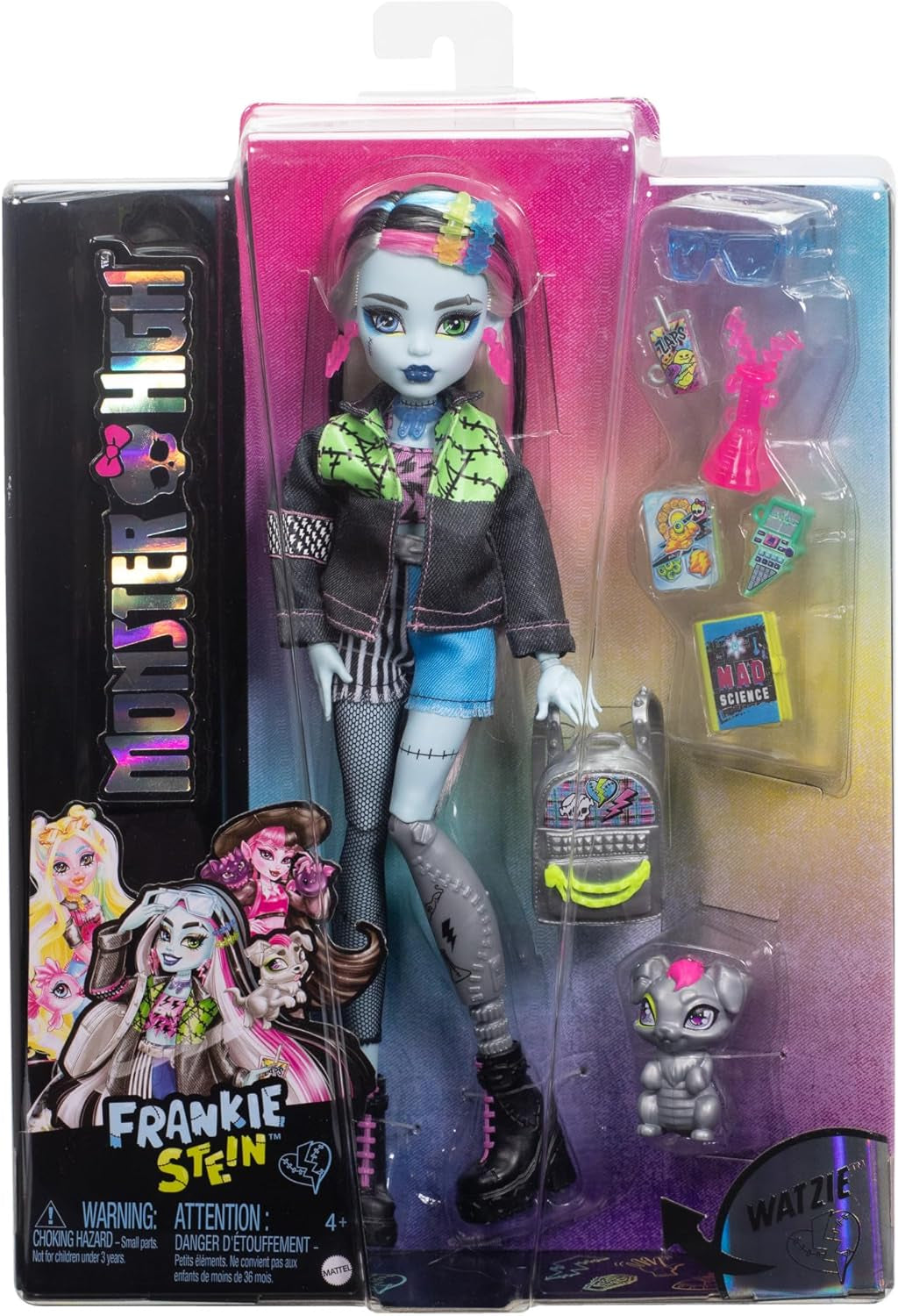 Muñeca Monster High Frankie Stein con chaqueta vaquera y pantalones cortos, también incluye su cachorro Watzie y accesorios como mochila, merienda y libreta, HXH73