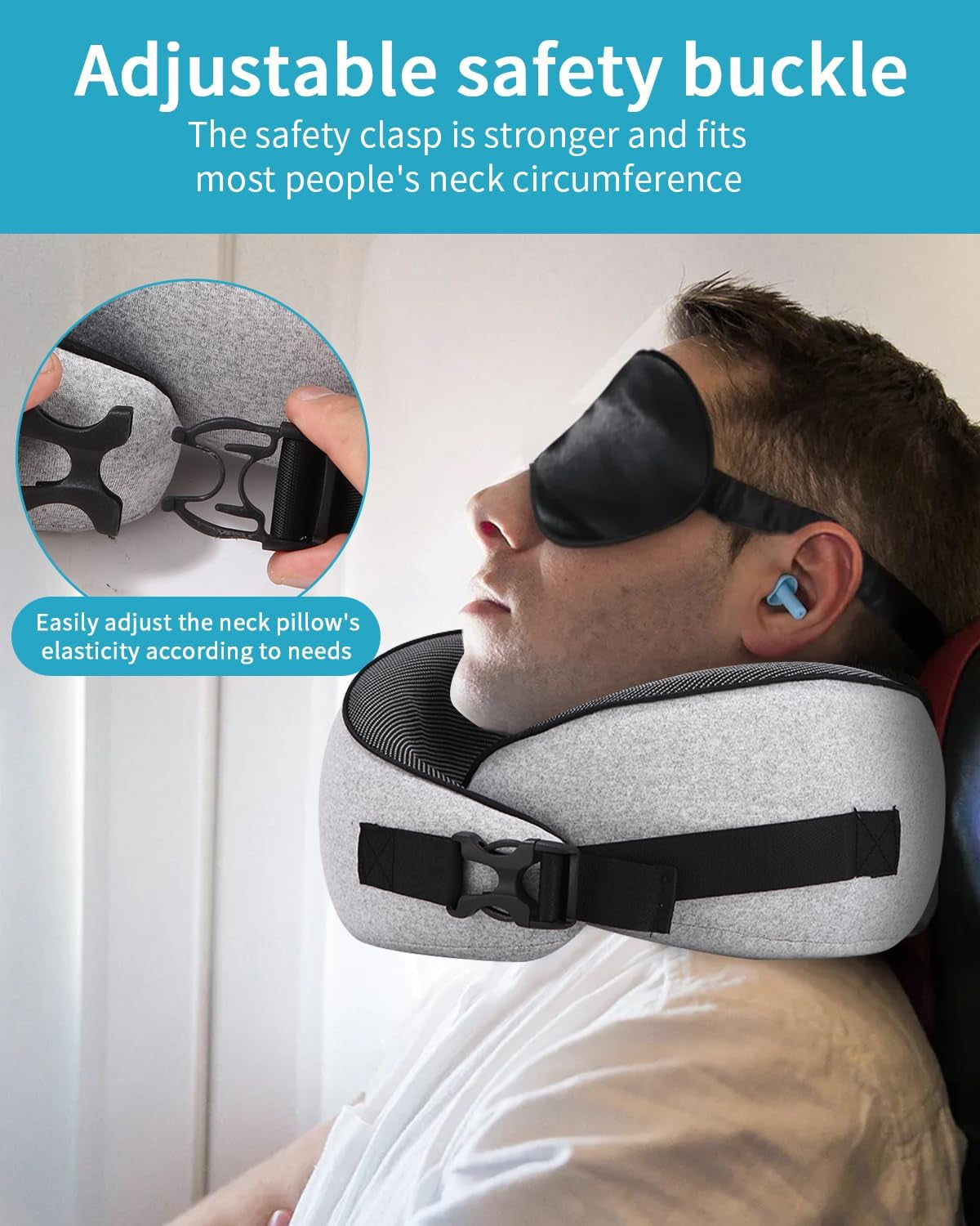 Almohada de cuello de avión, almohada de viaje de espuma viscoelástica, almohada de cuello para adultos, almohada de avión lavable ajustable, almohada de viaje ergonómica (gris) Almohadas ortopédicas cervicales Naty Shop