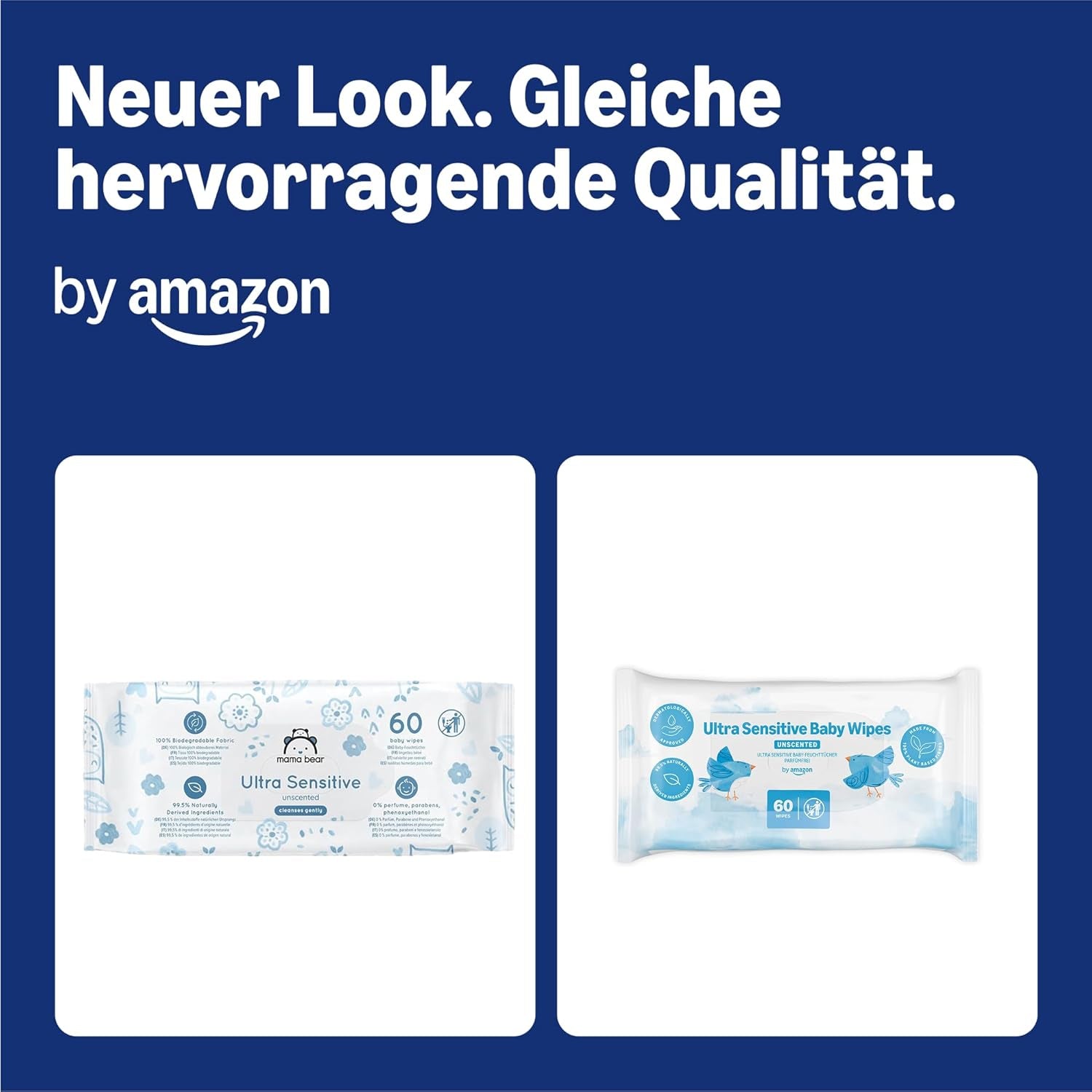 Toallitas para bebés Amazon Ultra Sensitive, 1080 toallitas, sin perfume, 18 paquetes de 60 toallitas (anteriormente marca Amazon, producto idéntico)