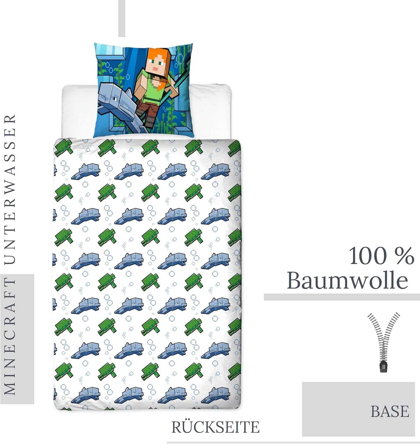 Minecraft Ropa De Cama Kinderbettwäsche Jugendbettwäsche 135X200 · Unterwasserwelt · Wende Motiv · Kissenbezug 80X80 + Bettbezug 135X200 Cm · 100% Baumwolle · Deutsche Größe Naty Shop