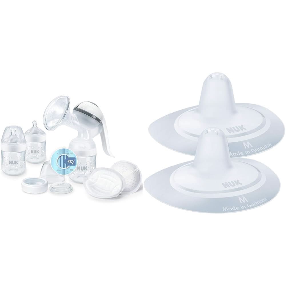Extractor de leche manual NUK Nature Sense | Set de lactancia con extractor de leche manual, biberones y discos de lactancia Ultra Dry Comfort | 6 piezas Alimentación y Accesorios Lactancia Paquete Tienda Bebe Naty con protección para pezones Con control de temperatura