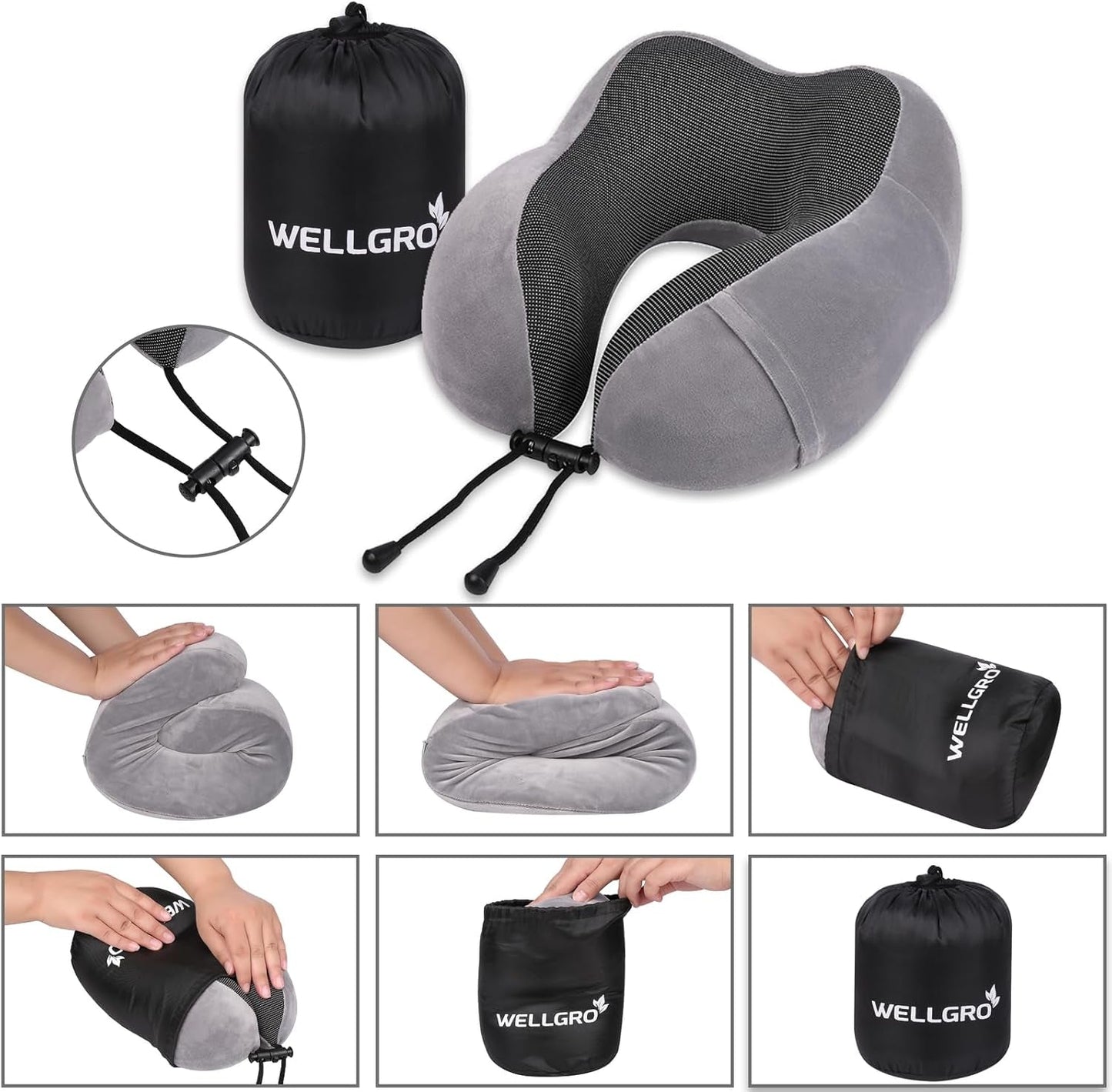 WELLGRO Juego de almohadas cervicales con antifaz para dormir 3D y tapones para los oídos - Funda extraíble - Espuma viscoelástica - Cierre de cremallera - Incluye bolsa de almacenamiento - Almohada de viaje - Color a elegir, Color:Gris Almohadas ortopédicas cervicales Naty Shop