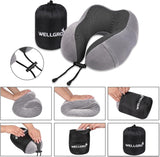 WELLGRO Juego de almohadas cervicales con antifaz para dormir 3D y tapones para los oídos - Funda extraíble - Espuma viscoelástica - Cierre de cremallera - Incluye bolsa de almacenamiento - Almohada de viaje - Color a elegir, Color:Gris Almohadas ortopédicas cervicales Naty Shop